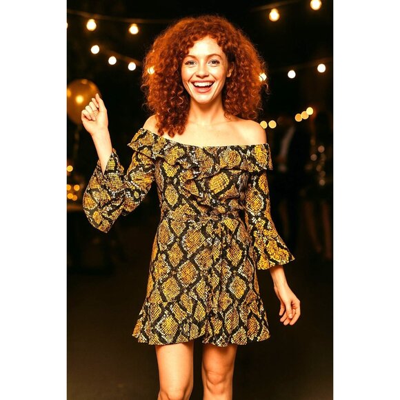 Boohoo Snakeskin Print Ruffle Mini Dress Long Sleeve Bold Party Fashion Look - Picture 7 of 15